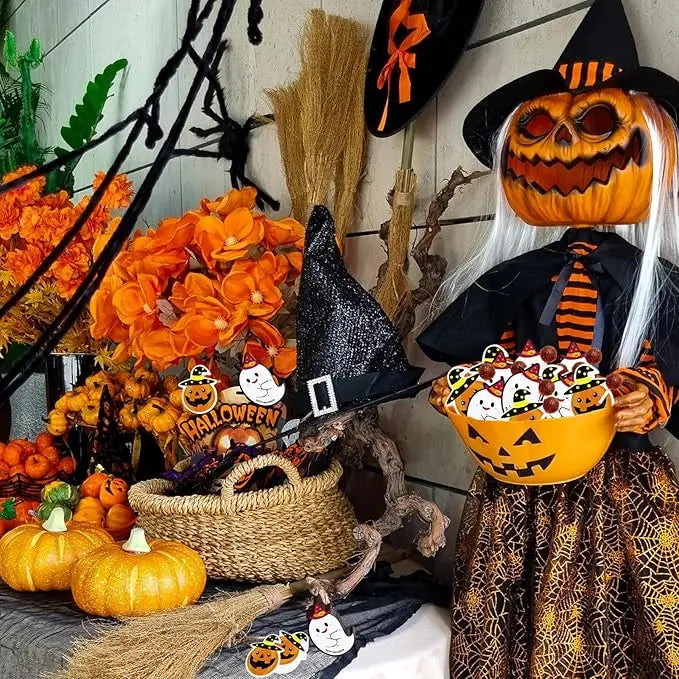 50/100PCS Halloween Paper Lollipop Cards Cute Pumpkin Ghost Candy Packaging Cards for Trick or Treat Halloween Decoration
