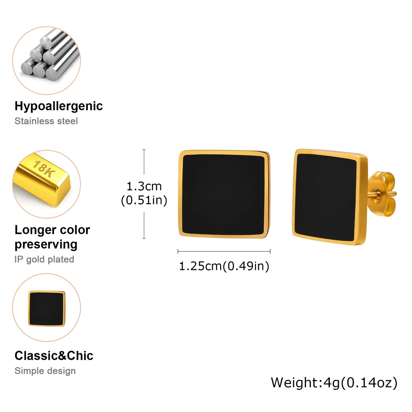 Stainless Steel Square Stud Earrings for Women,Water Proof Black Oil Earrings Gold Color,Fashion Jewelry Lady Gift