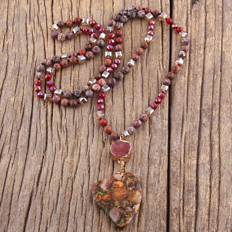 Fashion Bohemian Jewelry Boho Gift Natural Stones With Druzy Links Heart Stone Pendant Necklaces For Women