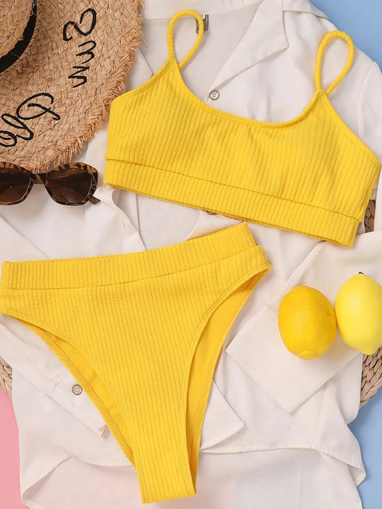 Sexy High Waist Bikinis Set Women Textured Swimsuit Woman 2025 Solid biquinis
