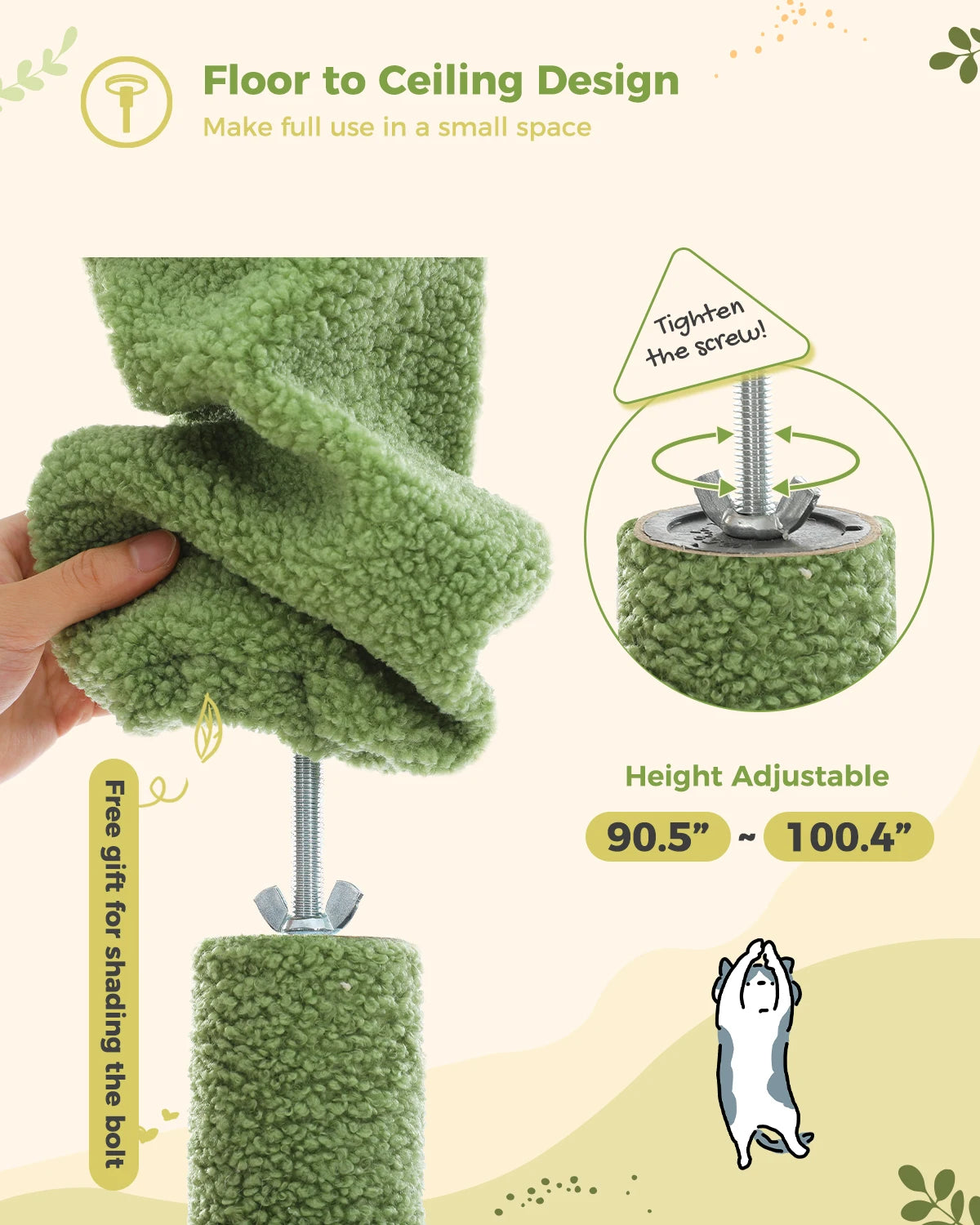 Cactus Cat Tree Floor to Ceiling Cat Tower Adjustable Height with Cat Condo Cozy Hammock and Scratching Post Tall Activity Tree