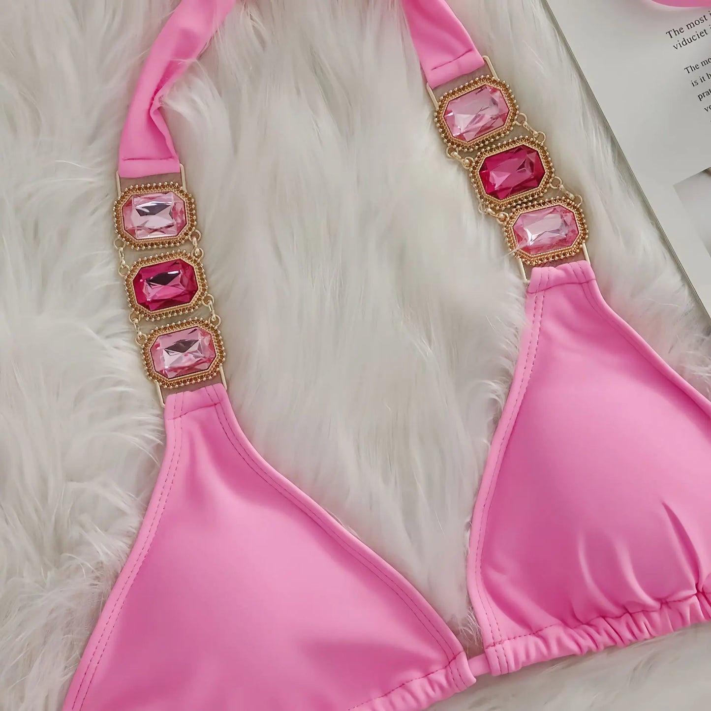 Sexy Rhinestone Bikini Set Women 2025 Luxury Pink Crystal Diamond Push Up Bandage Thong Swimsuit Beach Bathing Suit Swimwear