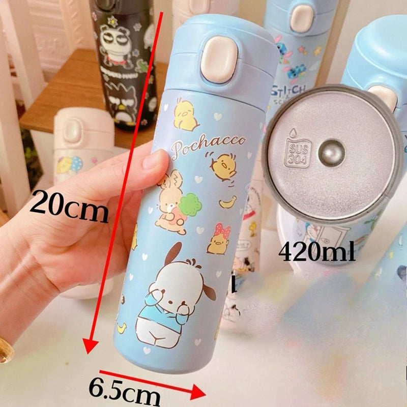 MINISO 420ML Thermos Coffee Cup 304 Stainless Steel Water Bottle Cute Cartoon Pattern Student Drink Bottle Girl Gift Water Cup