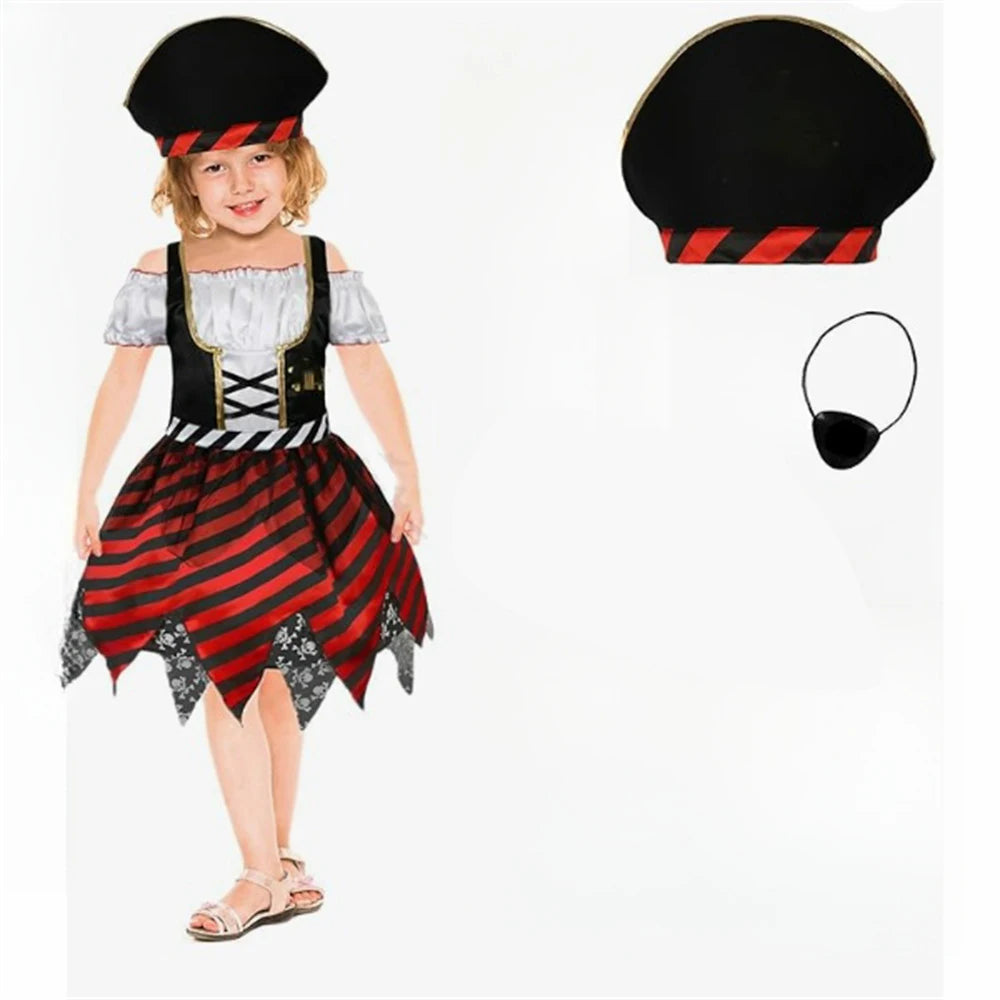 Girl Pirate Cosplay Costume Costume Halloween Pirate Jack Three-piece Suit Kids Stage Performance Clothes with Hat and Eye Mask