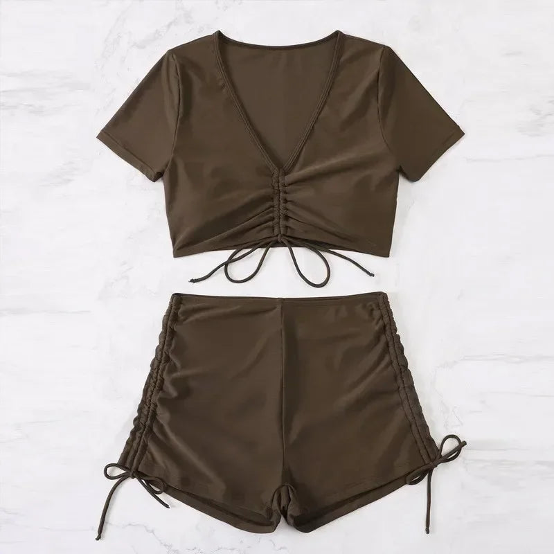 Black Drawstring Swimwear Bikinis Sets Mujer 2025 Crop Top Shorts Bottom Swimsuit Women Sexy Bathing Suit Beachwear Bikini Swim