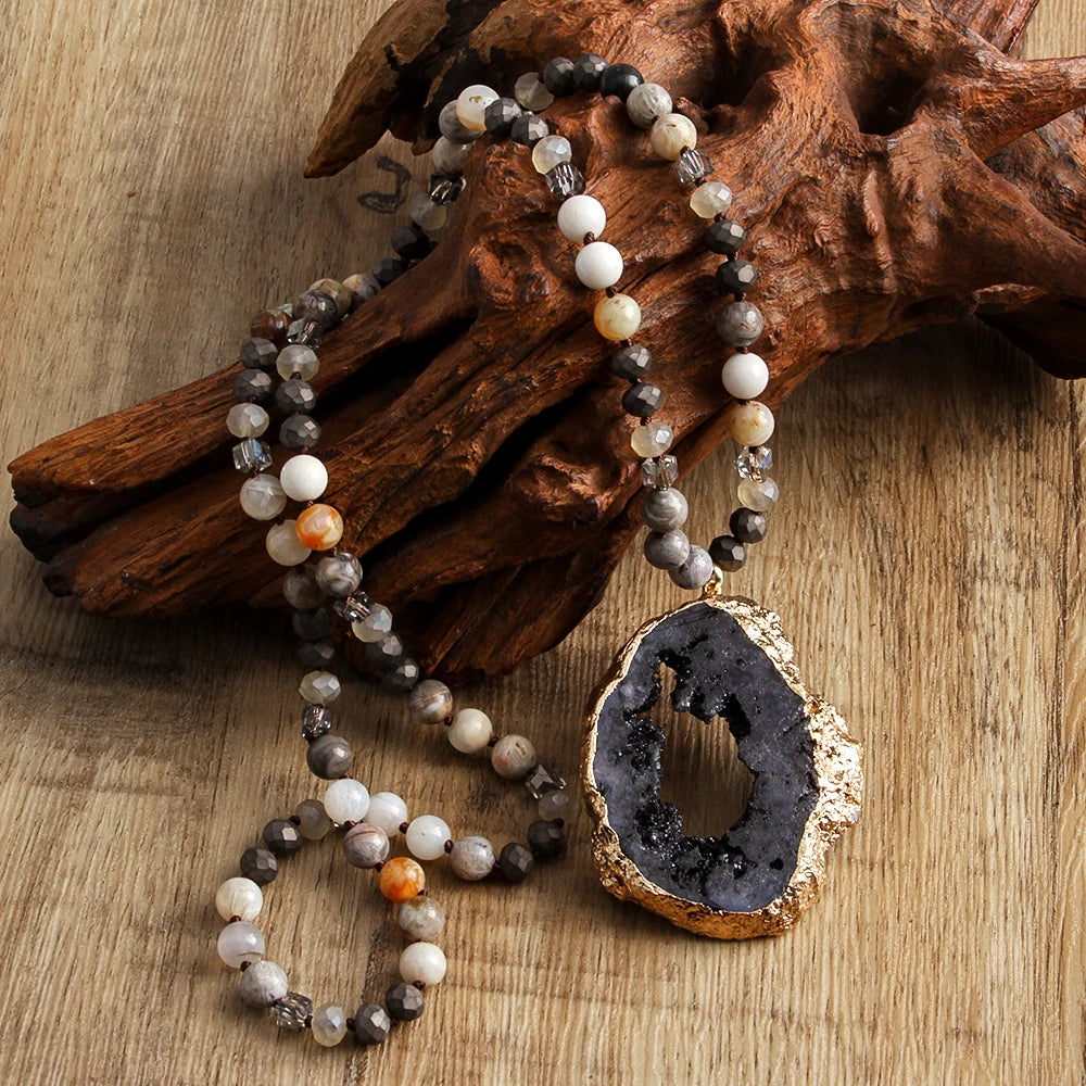 RH 2025 New Fashion Bohemian Style Natural Stone Glass Hematite Knotted Exaggerated Irregular Multicolor Druzy PendantNecklace