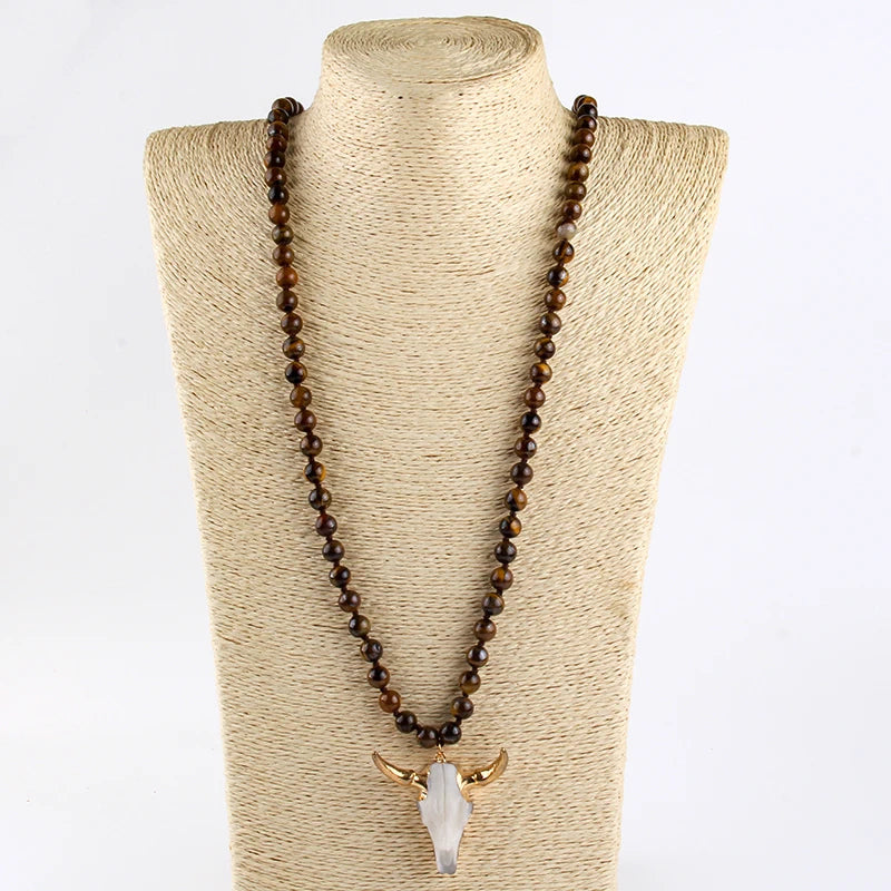 Fashion Bohemian Jewelry Sem Stone Knotted Horn Pendant Necklace For Women Boho Ethnic Necklace Gift