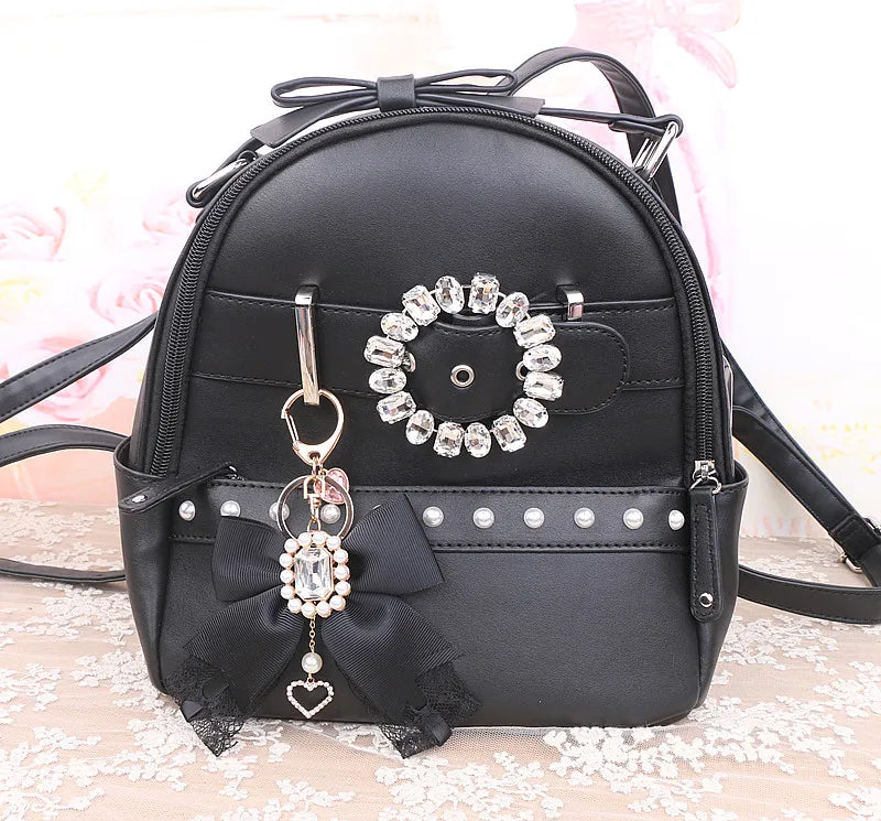 Japanese Sweet Cute Handmade Rhinestone Bow Hairpin Pearl Lace Hairclips Lolita Women Girls Side Clip Bag Pendant Handbag Charms