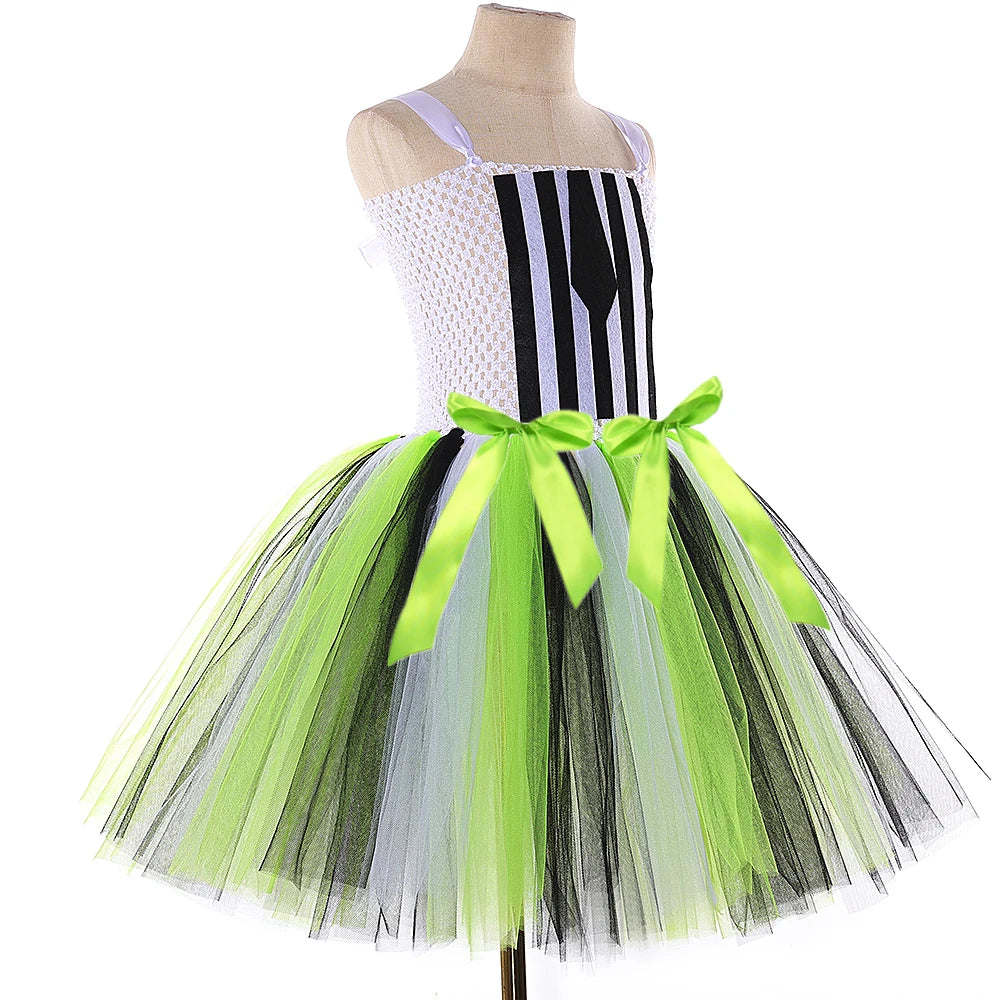 Kids Beetle Juice Costume Girls Black White Striped Tulle Tutu Dress Girls Halloween Carnival Party Princess Dress Up Clothes