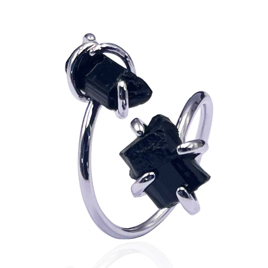 Irregular Black Tourmaline Open Ring Silver Color Handmade Raw Stone Finger Jewelry Resizable