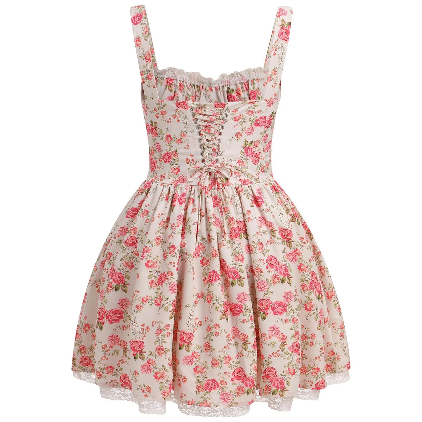 Women Floral Print Mini Dress Sexy Lace Patchwork Suspender Tie Up Corsets Bodycon Short Dresses Summer Boho French Vestidos