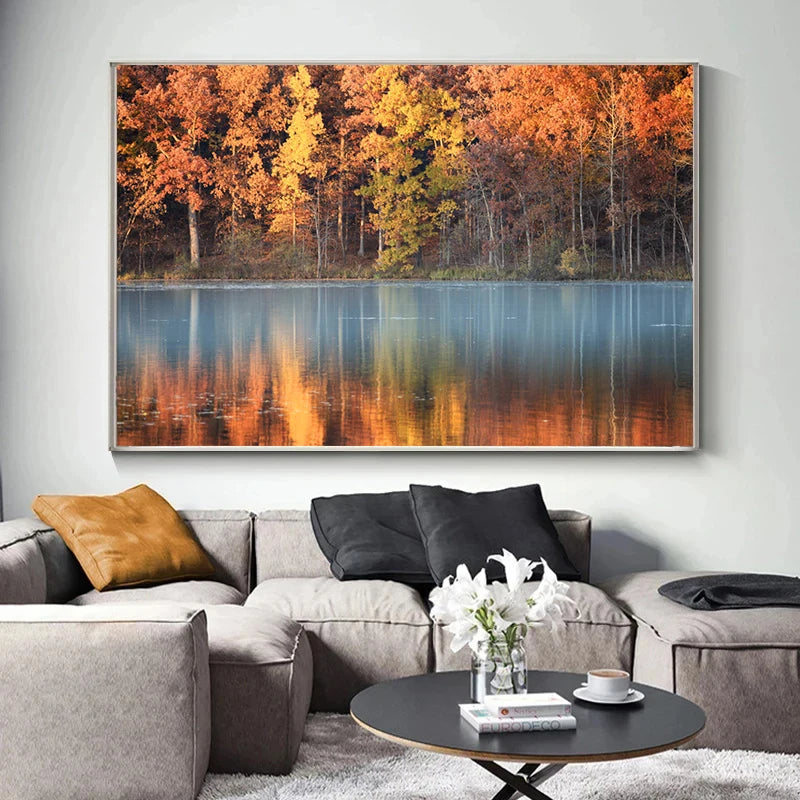 Autumn Yellow Leaves Fall View Landscape Wall Art Print Canvas Painting Pumpkin Halloween Poster Picture Living Room Home Decor