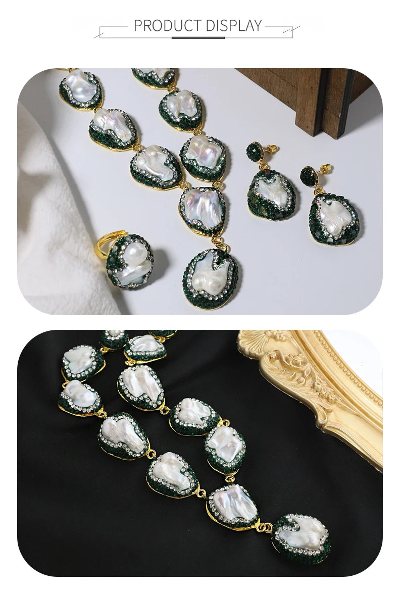 Natural Baroque Pearl Inlaid Zircon Green Necklace Korean Style Women Luxury Jewelry Fashion Ladies and Girls Gift GN0701