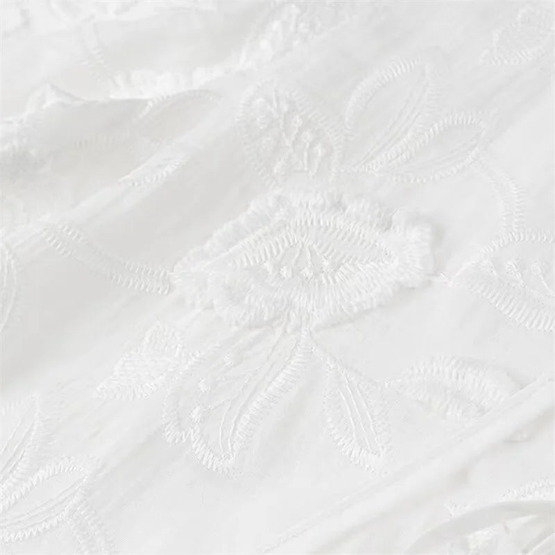 Lamuusaa Babydoll Tops Women y2k Clothes Floral Embroidery Round Neck Puff Short Sleeve Shirts Elegant White Blouses Streetwear