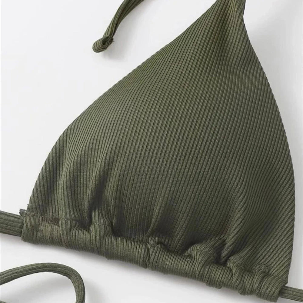 Brown Ribbed Swimwear String Halter Triangle Micro Bikini Thong Sexy Swimsuits Women Lace-up Bathing Suit Biquinis Bikinis Sets