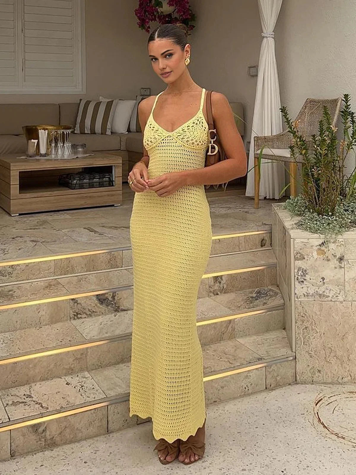 2024 Solid Colour Sexy Knit Cut Out Holiday Swimsuit Cover Up Women's Summer V-Neck Spaghetti Strap Bodycon Beach Maxi Dress K32