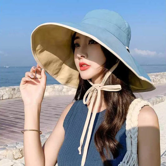 Solid Color Wide Brim Sun Hat Korean Style Anti-UV Sun Protection Hat Fisherman Hat with Neck Rope Women Bucket Hat Ladies