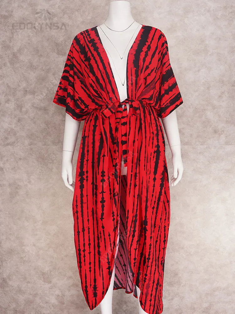 2023 Bikini Cover-ups Black Retro Striped Self Belted Women Summer Clothing Kimono Dress Beach Wear Swim Suit Cover Up Q1225