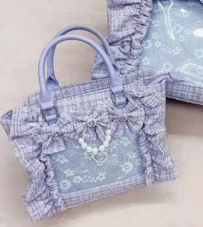 Japanese Style Mine Ita Bag Ruffled Lace Women Girls Rhienstone Pearl Bowknot Square Tote Shoulder Portable Bolso Handbags