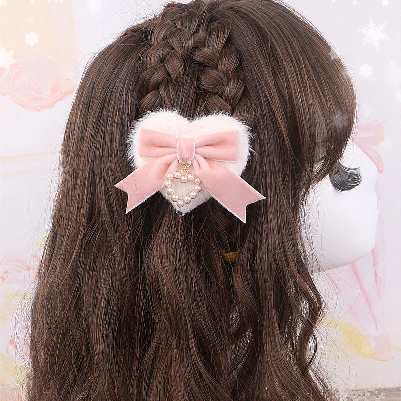 Japanese Lo Girls Hair Clip Handmade Sweet Y2K Girl's Gift Lolita Style Heart Bowknot Cute Women's Hairclip