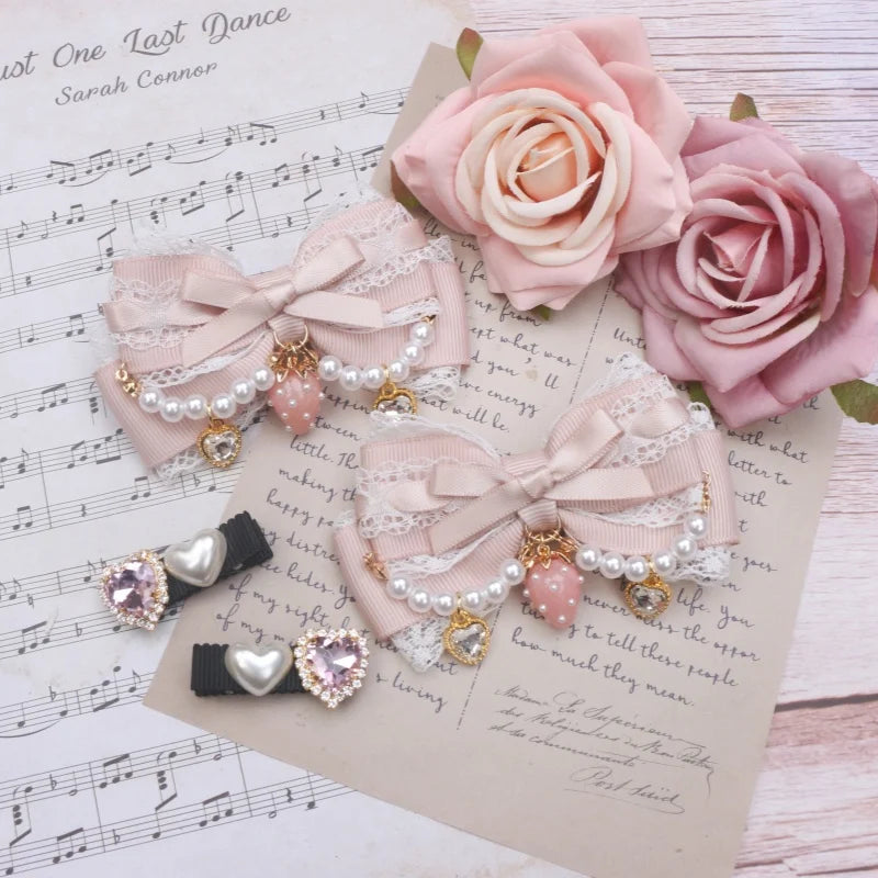 Larme Kei Lace Hair Clips Sweet Girl's Beaded Bow Heart Rhinestone Hair Bows Lolita Strawberry Hair Accessories Gift