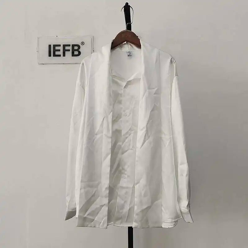 IEFB Korean Fashion Men's Shirt Bow Tie Design Loose Simple Fresh Long Sleeve Casual 2024 Spring Solid Color Male Tops 9C5081