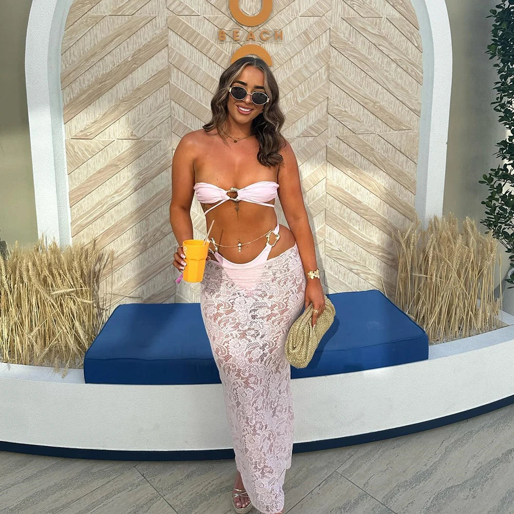 Bandeau 3 Pieces Bikini 2025 New Sexy Women Swimsuit Swimwear Female Long Dress Brazil Bikini Set Bathing Suit Swimming Suit