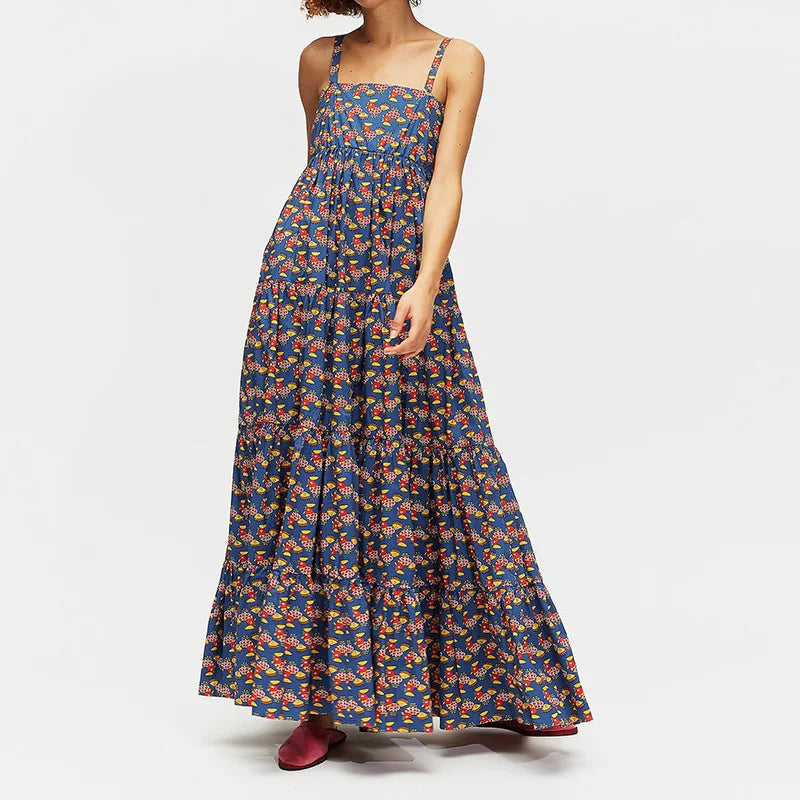 Square Collar Backless Patchwork Maxi Dress, Women Summer Sleeveless Print Party Dress, 2024 Casual Elegant Ladies Dress Vestido