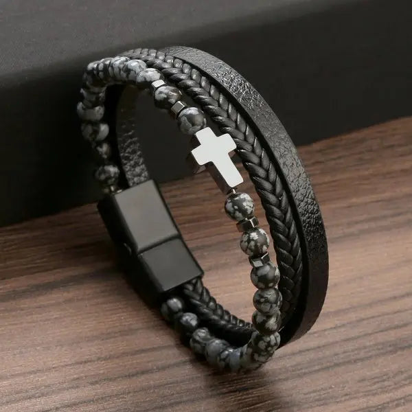 Prayer Men Natural Stone Beads Rosary Cross Bracelets Multilayer Leather Bracelet Women Yoga Meditation Jewelry Homme Pulsera