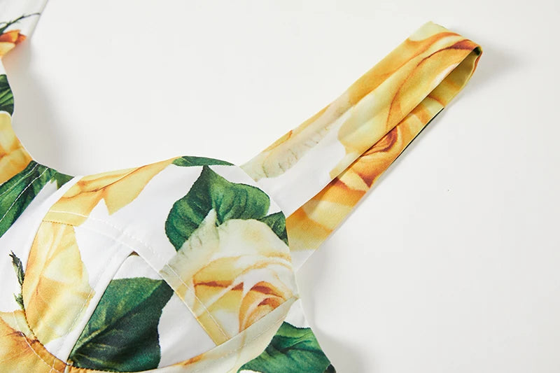 2024 Summer Fashion Short Boho Dress Women Mini Floral Print Dress Female Sleeveless Hanging Belt Printed Waist Folded Dress