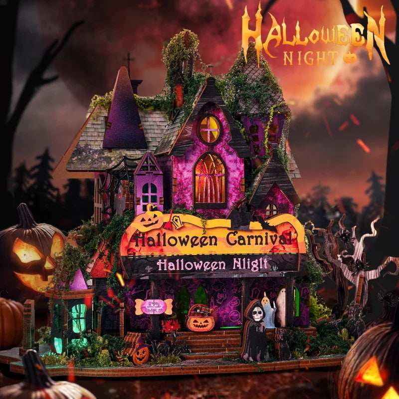 Retro DIY Wooden Halloween Night House Figurines Miniatures Kits With LED Lights Home Desk Decoration For Adult Handmade Gifts