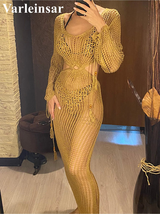 S - XL Long Sleeve Hollow Out Crochet Knitted Tunic Beach Cover Up Cover-ups Beach Dress Beach Wear Beachwear Female Women V5322