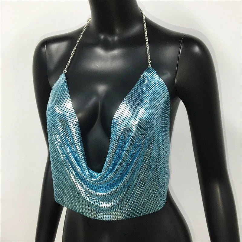 AKYZO Women 2023 Sexy Metal Sequined Tank Camis Summer Gold Silver Backless Cropped Glitter Beach Club Show Wear Tank Tops