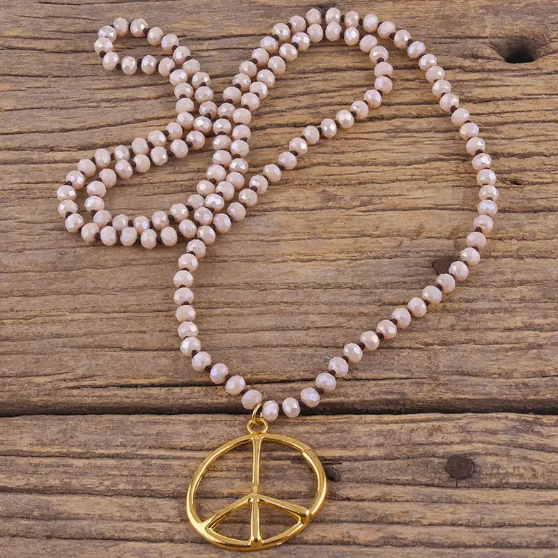 Fashion Boho Jewelry Accessory 6mm Glass Knotted With Metal Peace Pendant Necklaces For Women Femme Bohemia Necklace Gift