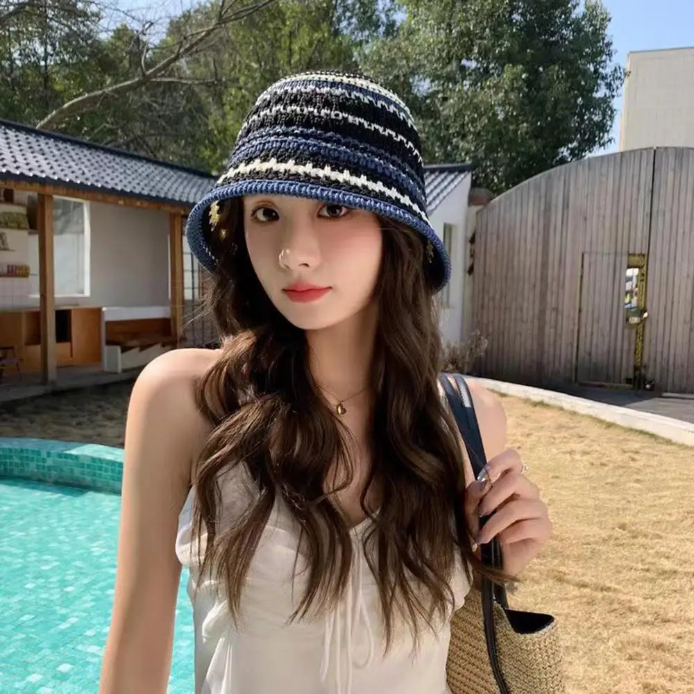 Summer Hollow Knitted Hollow Fisherman Caps Sun Protection Straw Bucket Hat Breathable Crochet Beach Cap Wide Brim Sun Hat