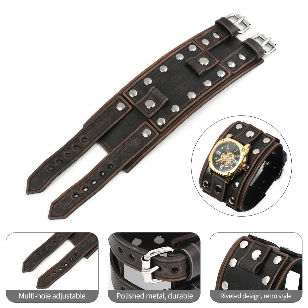 Vintage Punk Leather Cuff Strap 20mm Men's Wrist Watch Band with Mat Double Buckle Rivet Watchband Bracelet Watches Accessories