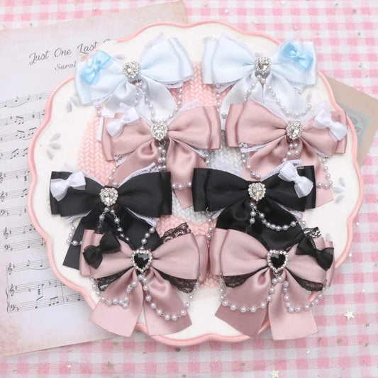 1 Pair Jirai Kei Bow Hair Accessories Women's Hairclips Sweet Y2K Lolita Bow Chic Chains Decor Women's Barrettes Hair Pin