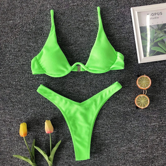 Neon Green Sexy Underwire Bikini Set 2024 Women Solid Leopard Push Up Micro Swimsuit Summer Bathing Suit Thong Swimwear Biquini