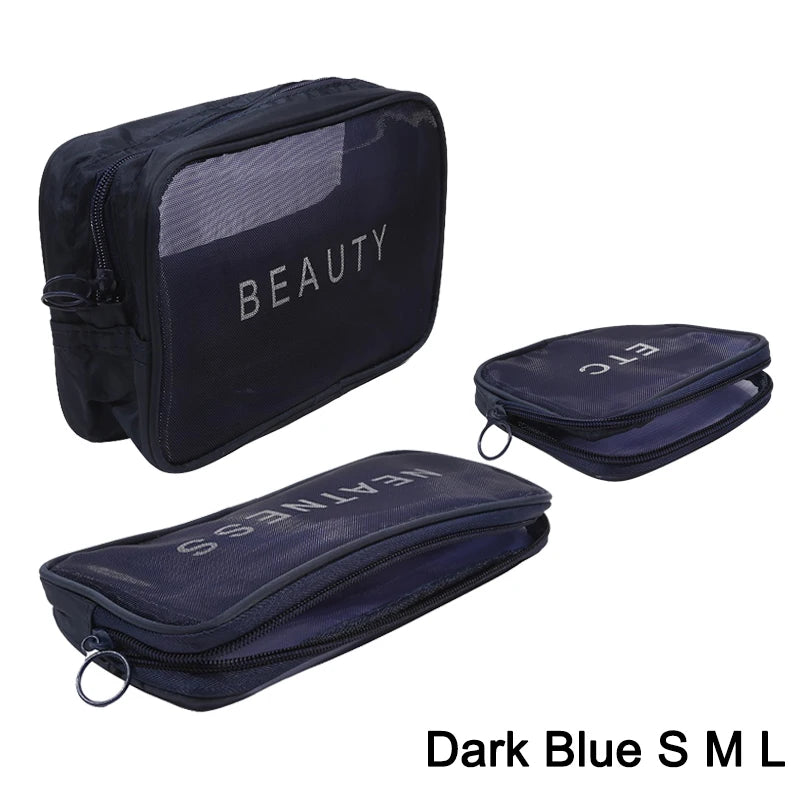 Transparent Mesh Makeup Bag Women Travel Toiletry Wash Cosmetic Bag Storage Case Letter Printed Zipper Make Up Bags 3 Size