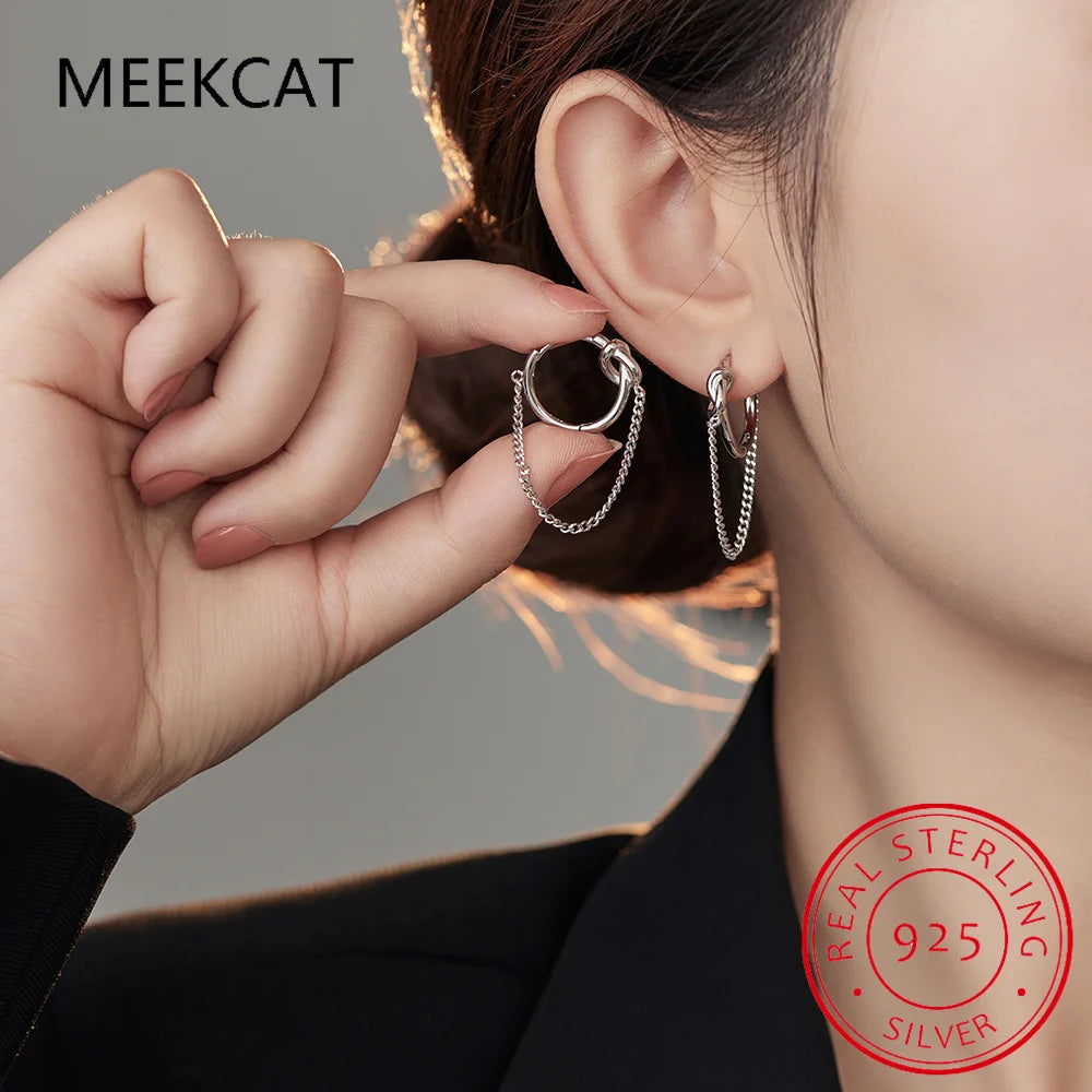 925 Sterling Silver Rope Knot Tassel Hoop Earrings Chain Tie A Knot Design Earrings for Women 925 Stylish Jewelry Gift