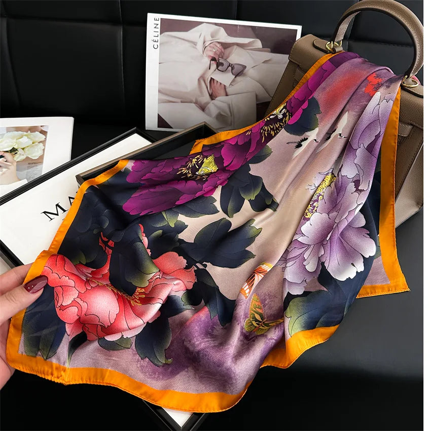 Imitated Silk Headcloth Fashion Flower Print Square Shawls Popular 70X70cm Bandanna Kerchief Sun Protection Silk Scarves Tie Bag