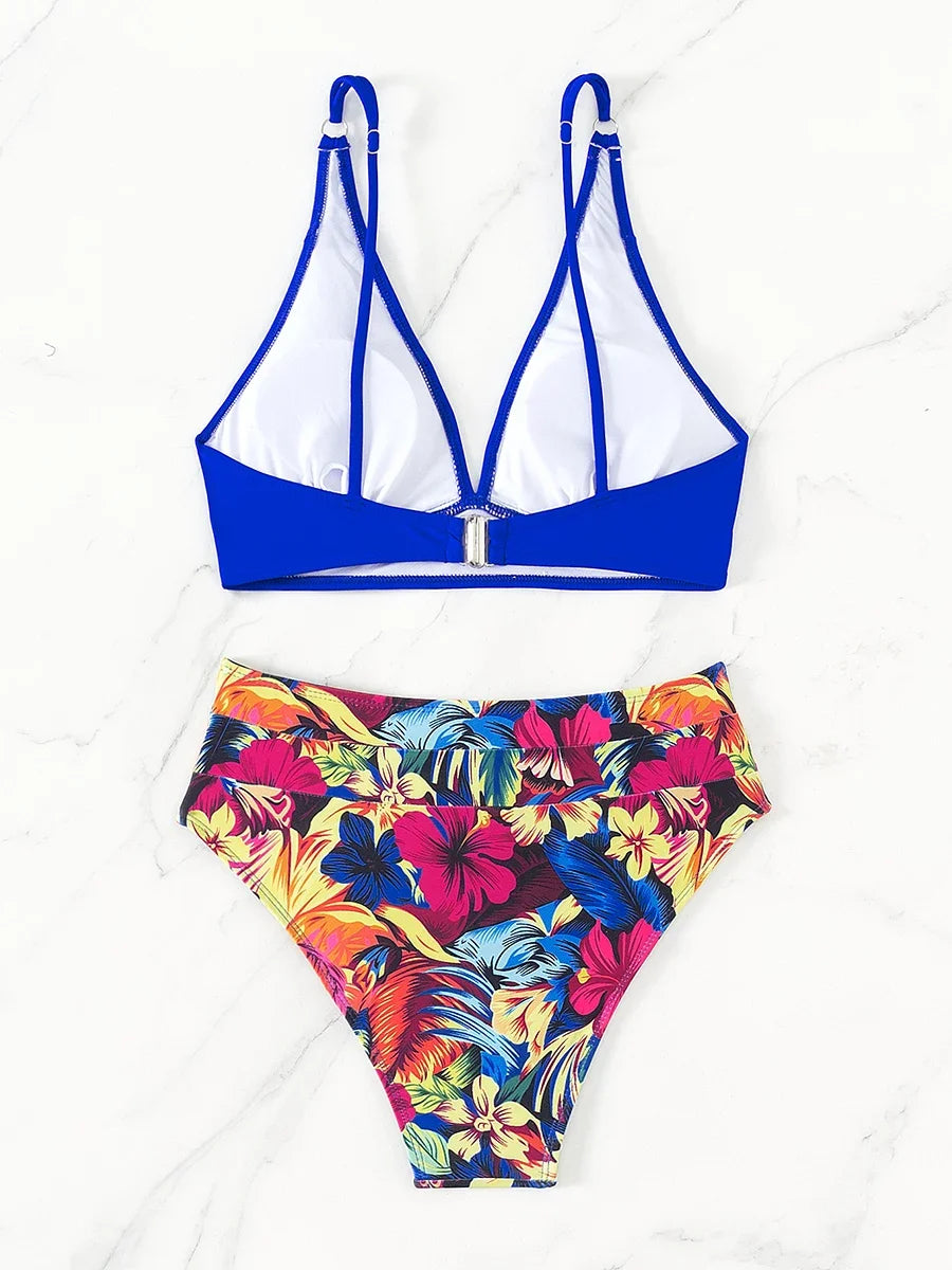 V Neck Bikinis 2024 Women High Waist Swimsuit Print Sexy Swimwear Female Bathers Bathing Swimming Swim Suit Beachwear Summer