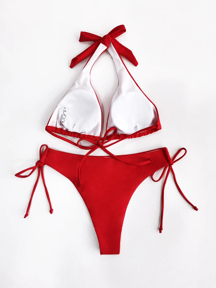 Sexy Halter Bikini Swimsuit Women Low Waisted 2025 New Black/Red/Rose Beach Bathing Suit Bandage Brazilian Swimwear Two Pieces