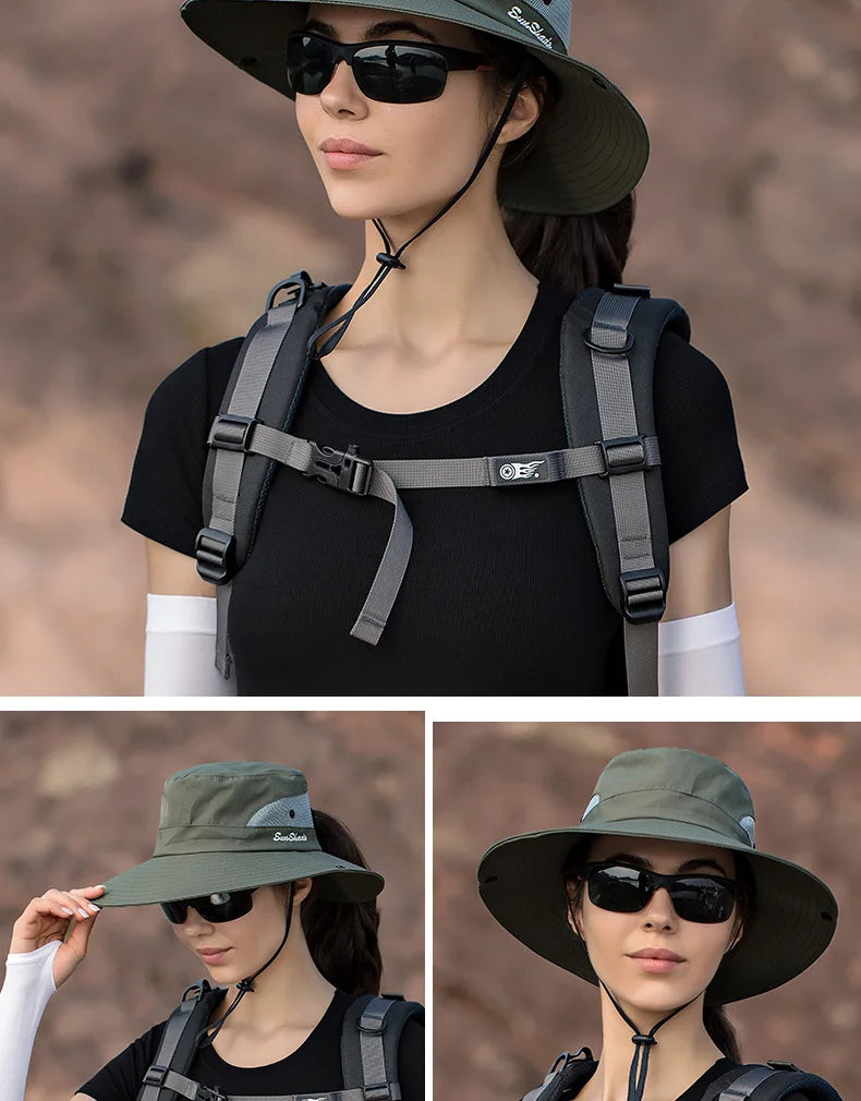 Women Summer Adjustable Bucket Hat with a Ponytail Hole Girls Sun Protection Hiking Cap Parent-child Outdoor Wide Brim Headgear