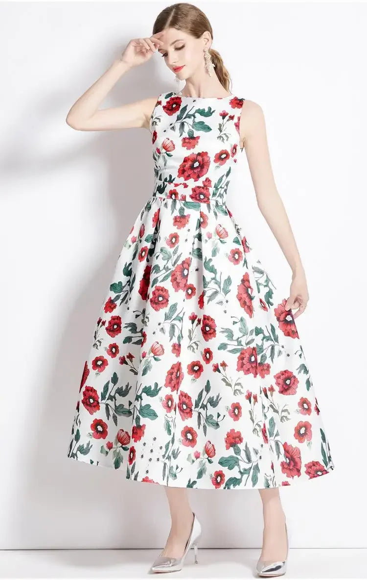 Summer New Long Floral Print Dress Big Hemline Slimming Fashionable Umbrella Skirt Style Sleeveless Women's Dress