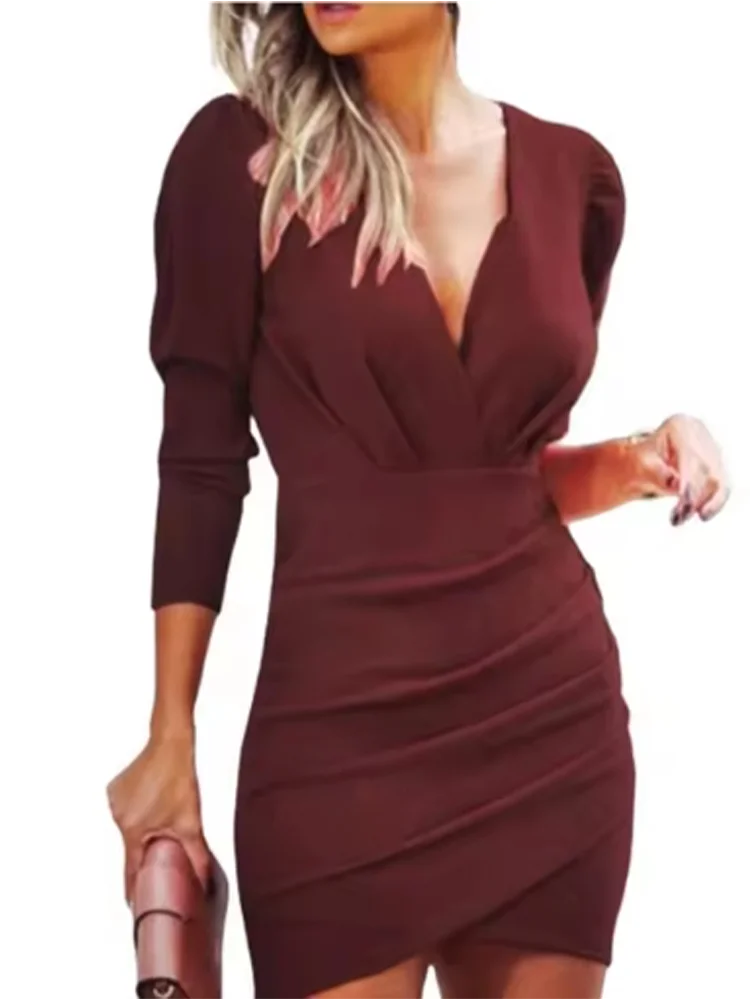Women's Solid Color Pleate Long Sleeved Low Cut V-neck Sexy Dress Dating Vacation High Street Fashion Autumn Dresses