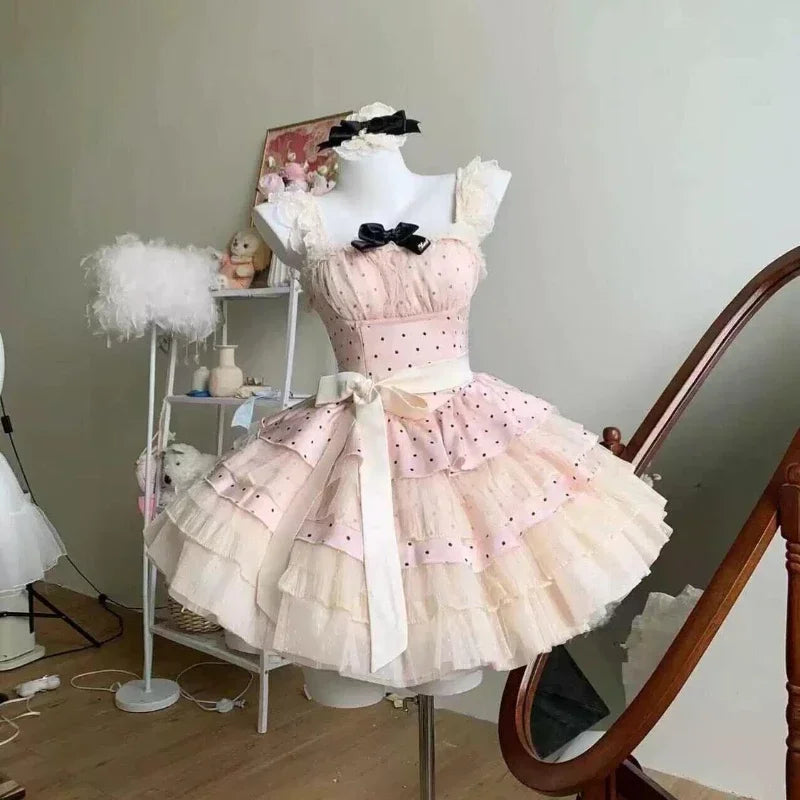 Spring Japanese Sweet Birthday Party Dress Women Y2k Cute Polka Dot Design Bodycon Dress Female Bow Korea Style Chic Clothing