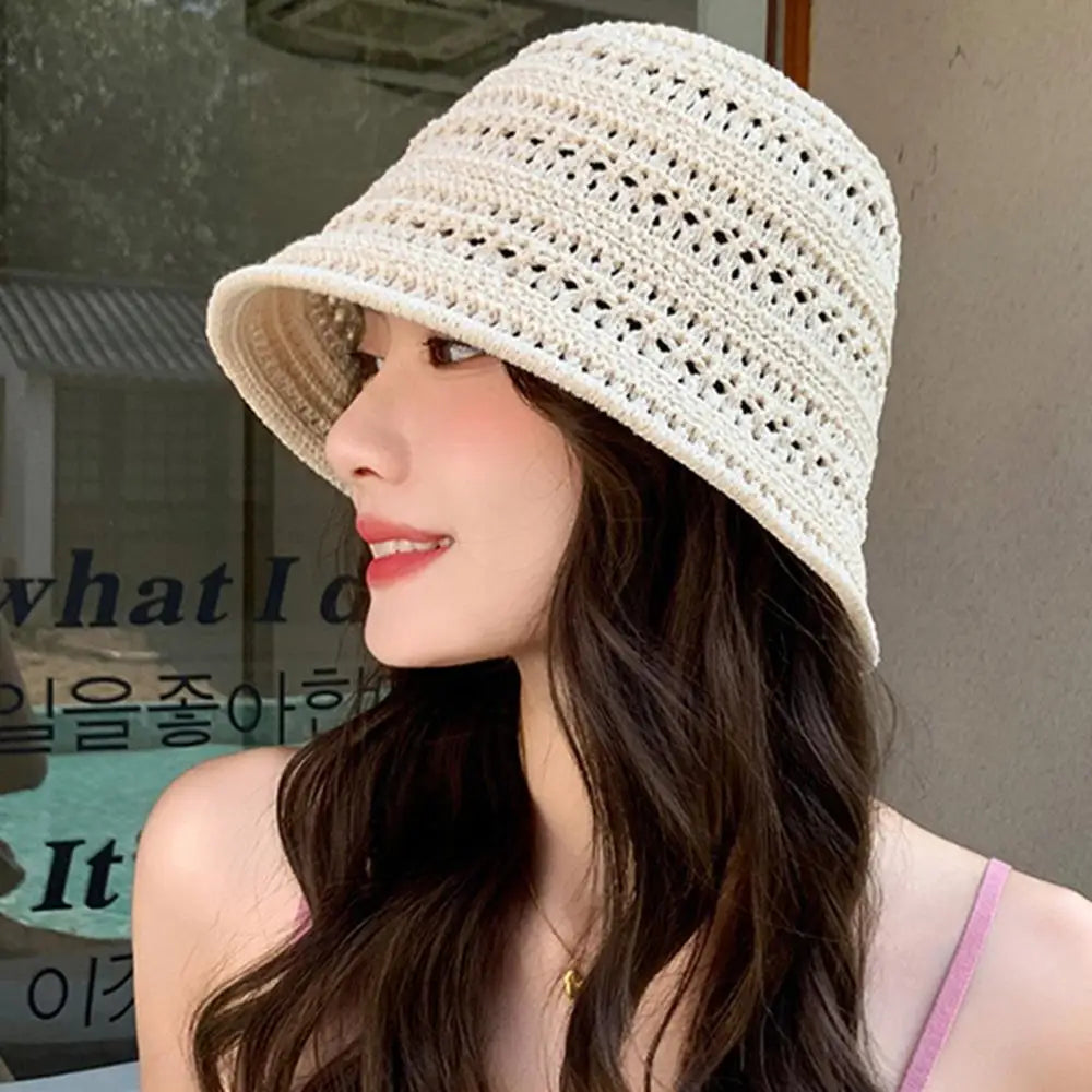 Summer Hollow Knitted Hollow Fisherman Caps Sun Protection Straw Bucket Hat Breathable Crochet Beach Cap Wide Brim Sun Hat