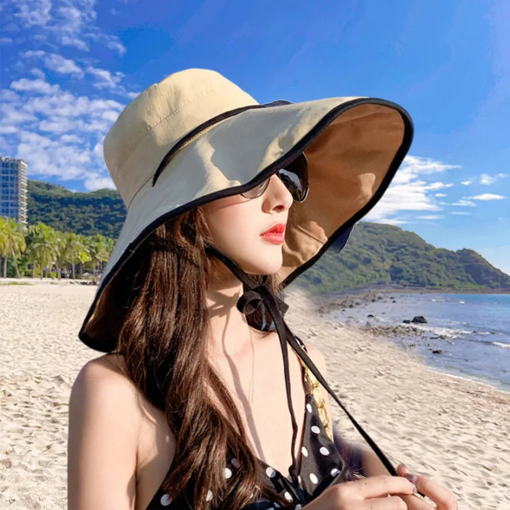 Solid Color Wide Brim Sun Hat Korean Style Anti-UV Sun Protection Hat Fisherman Hat with Neck Rope Women Bucket Hat Ladies