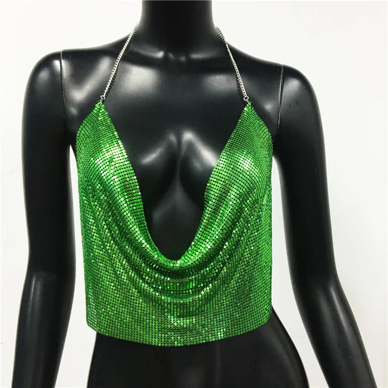 AKYZO Women 2023 Sexy Metal Sequined Tank Camis Summer Gold Silver Backless Cropped Glitter Beach Club Show Wear Tank Tops